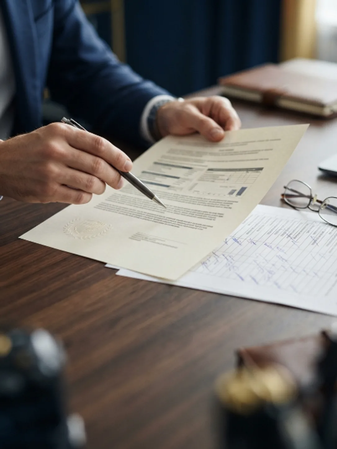 Auditor reviewing a printed compliance report with charts and an embossed certification seal
