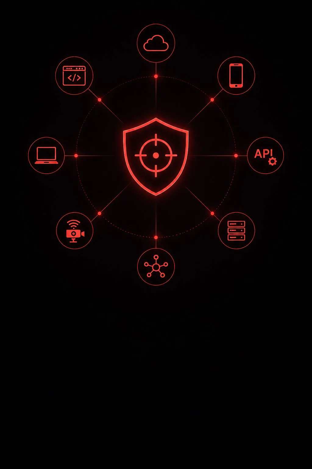 Shield with a targeting crosshair linked to web, mobile, API, network, cloud, IoT and server icons